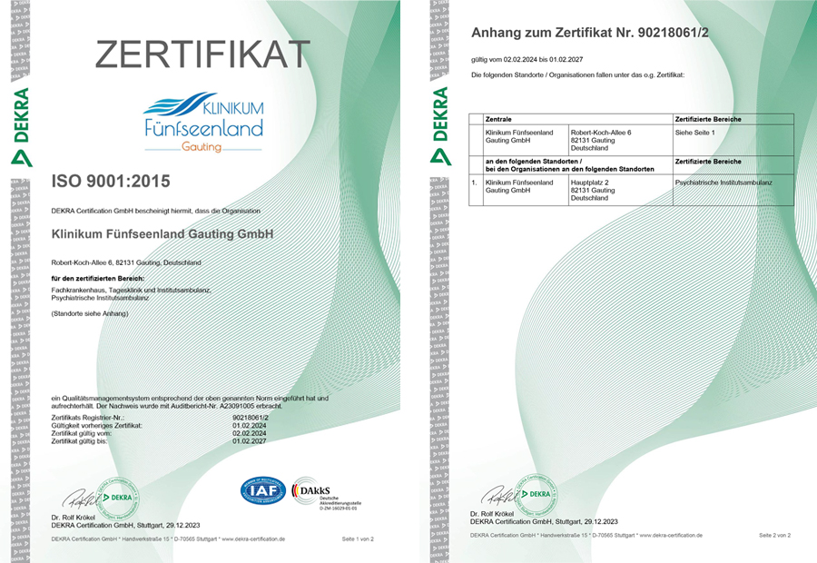 Zertifikat Klinikum Fünfseenland DEKRA